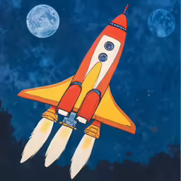 a painted red and yellow rocket flying through the sky with its front end up