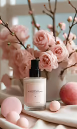 pink flowers are in vase next to a candle and soap balls
