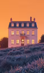 a white house in a field during the sunset