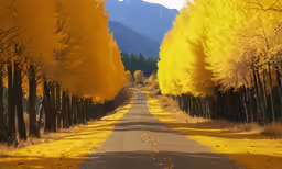 a row of yellow trees in front of some mountains