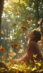 woman sitting in grass and looking at several butterfly flying around her