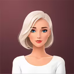 an animated avatar woman with blonde hair and blue eyes