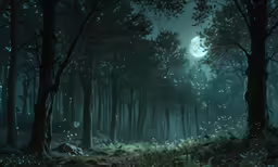 a dark and misty forest with grass on the ground