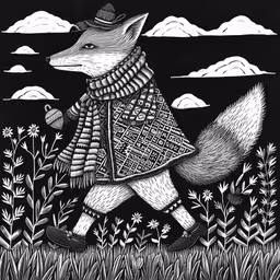 a drawing of a fox wearing a sweater,a drawing of a fox with a hat and scarf in a field