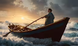a man in a boat near the ocean,the fisherman is in his boat out in the waves