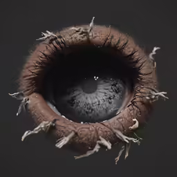 a brown eye has a long lashes and white dots around it