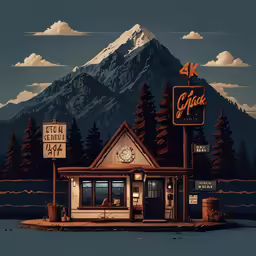 the painting shows a lit - up restaurant with a mountain backdrop