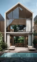 a pool area with chairs, curtains and a table