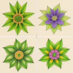 four colorful flowers on a white background,four colored drawings of flowers on white tile
