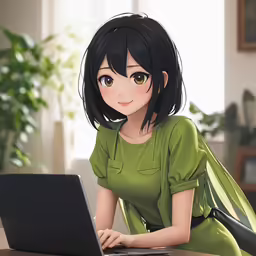an anime character is sitting in front of a laptop
