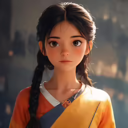 a woman in an orange and yellow dress is standing