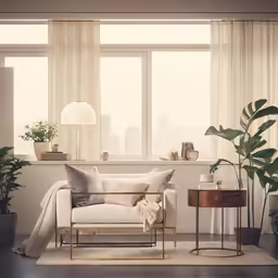an empty white living room with two plants