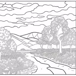a landscape with trees and water,an image of a drawing of a landscape