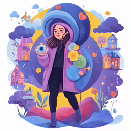 a drawing of a woman holding a piece of artwork in her hands