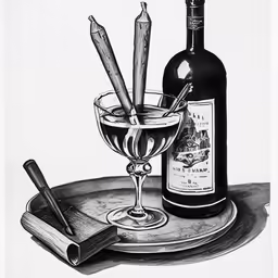 a bottle of wine sits next to a glass