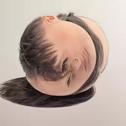 a hairless doll with long black hair, is photographed in a photograph