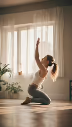 a woman doing yoga in front of a window