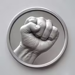 a circular frame with an image of a clenched hand on it