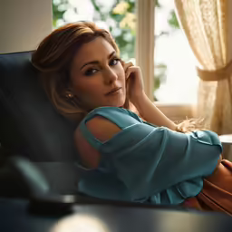 a beautiful woman sitting in an office chair near a window