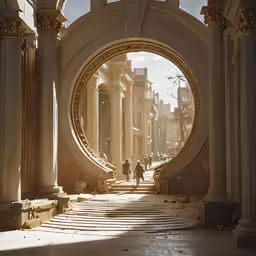 a photo of a large building with an arch and some people