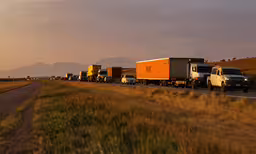 a highway filled with lots of trucks driving down a road,multiple trucks are on the road near the grass