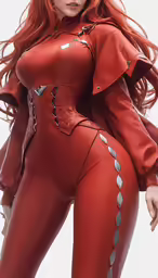 a woman in red and grey with an extremely tight suit