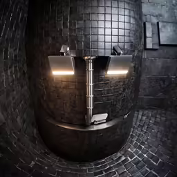 a black mirror that has a sink with a tv