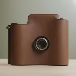 a brown camera sitting on top of a table