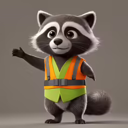 a raccoon that is wearing an orange vest