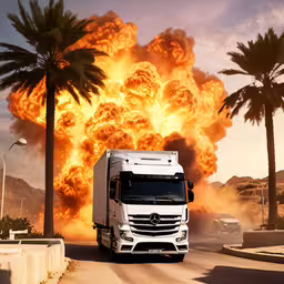a white truck driving through a lot of clouds,a large white truck traveling down a street