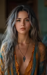 a very beautiful young lady with long gray hair