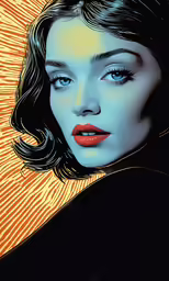 an illustration of a woman with blue eyes and red lips