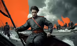 a man with an orange flag and another person in uniform holding a gun