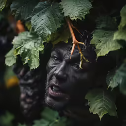 a face and back of man with black paint, covered in a tree branch