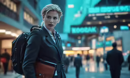 a young woman with a brown purse is standing in the city