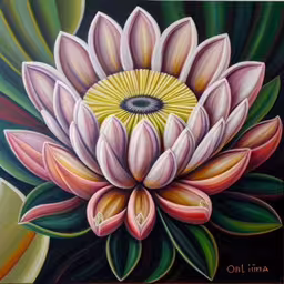 a painting of a pink flower on a black background,a large flower that is on a table