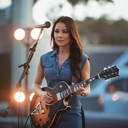 an image of a woman playing guitar and singing into microphone