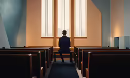 a man sitting on a bench in a church