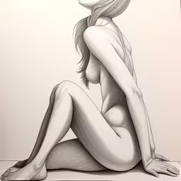 drawing, seated with hand on hips, in front of a wall,a girl with long hair is sitting on the ground
