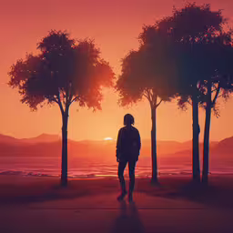 a man standing in front of trees at sunset,the person walks near some trees by the water