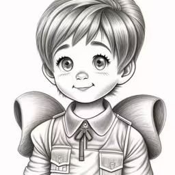 a drawing of a little boy with wings,the boy with a backpack is looking into the camera and smiling