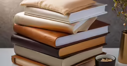 stack of books next to vase with plant and candle