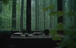 a table in the middle of a forest under trees