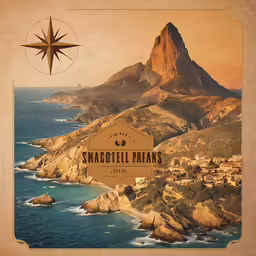 a poster depicting a town and a star on a cliff with water