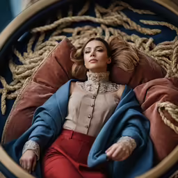 woman in blue sweater laying on a red chair