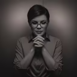 a woman wearing glasses holding her hands together