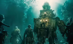 an image of a group of people in the woods with giant robot like costume
