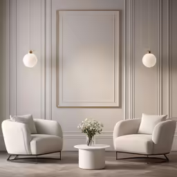 a white living room with a glass table