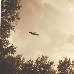 a small plane is flying low in the sky