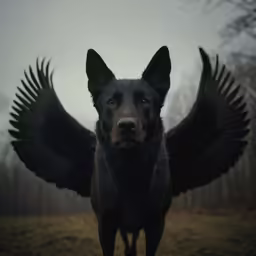 a large black dog with wings in the air